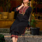 elegant black cotton kurta with beautifully crafted ajrakh panel and subtle stripe piping accents