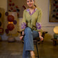 Sophisticated Sage Green Box Pleated Cotton Top with Contrasting Print Collar and Sleeves featuring Delicate Pearl Embellishments