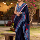 Designer Navy Blue Silk Saree with Handcrafted Indigo Contrast Patchwork Border