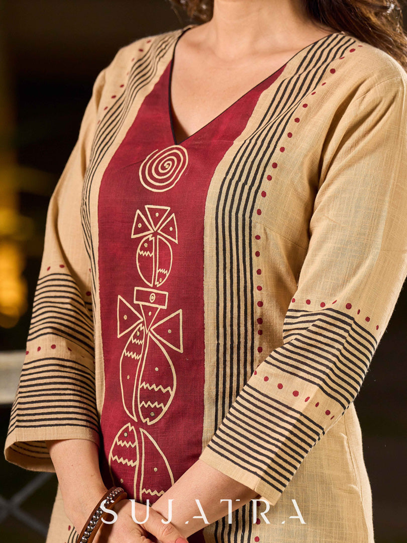 Artisan Beige Hand Block Printed Kurta With Bold Maroon Tribal Printed Panel