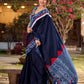 Designer Navy Blue Silk Saree with Handcrafted Indigo Contrast Patchwork Border