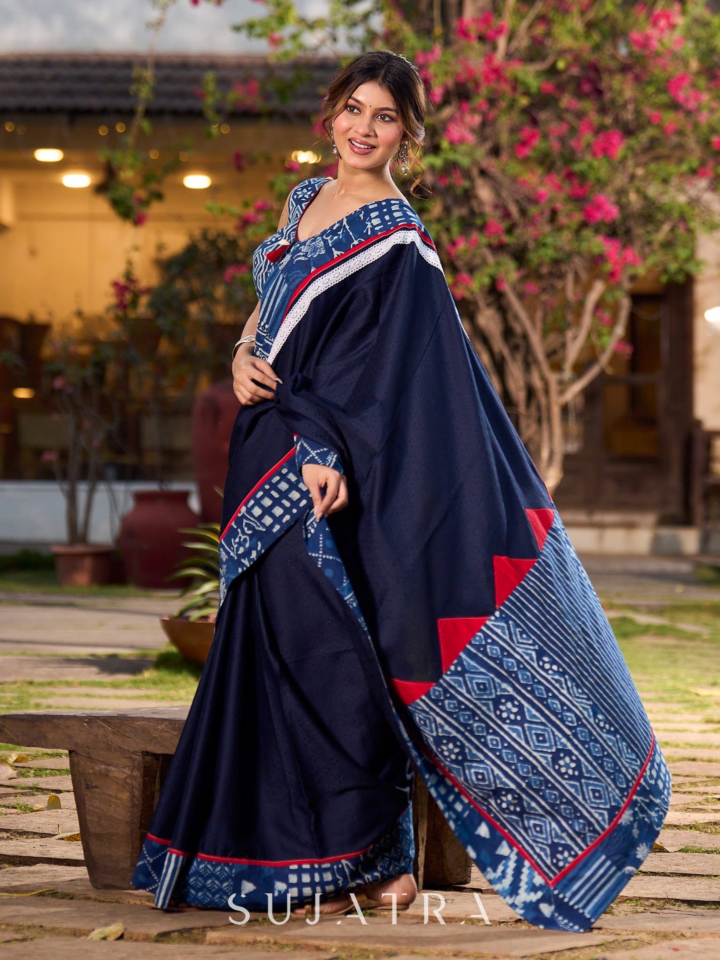 Designer Navy Blue Silk Saree with Handcrafted Indigo Contrast Patchwork Border