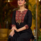 elegant black cotton kurta with beautifully crafted ajrakh panel and subtle stripe piping accents
