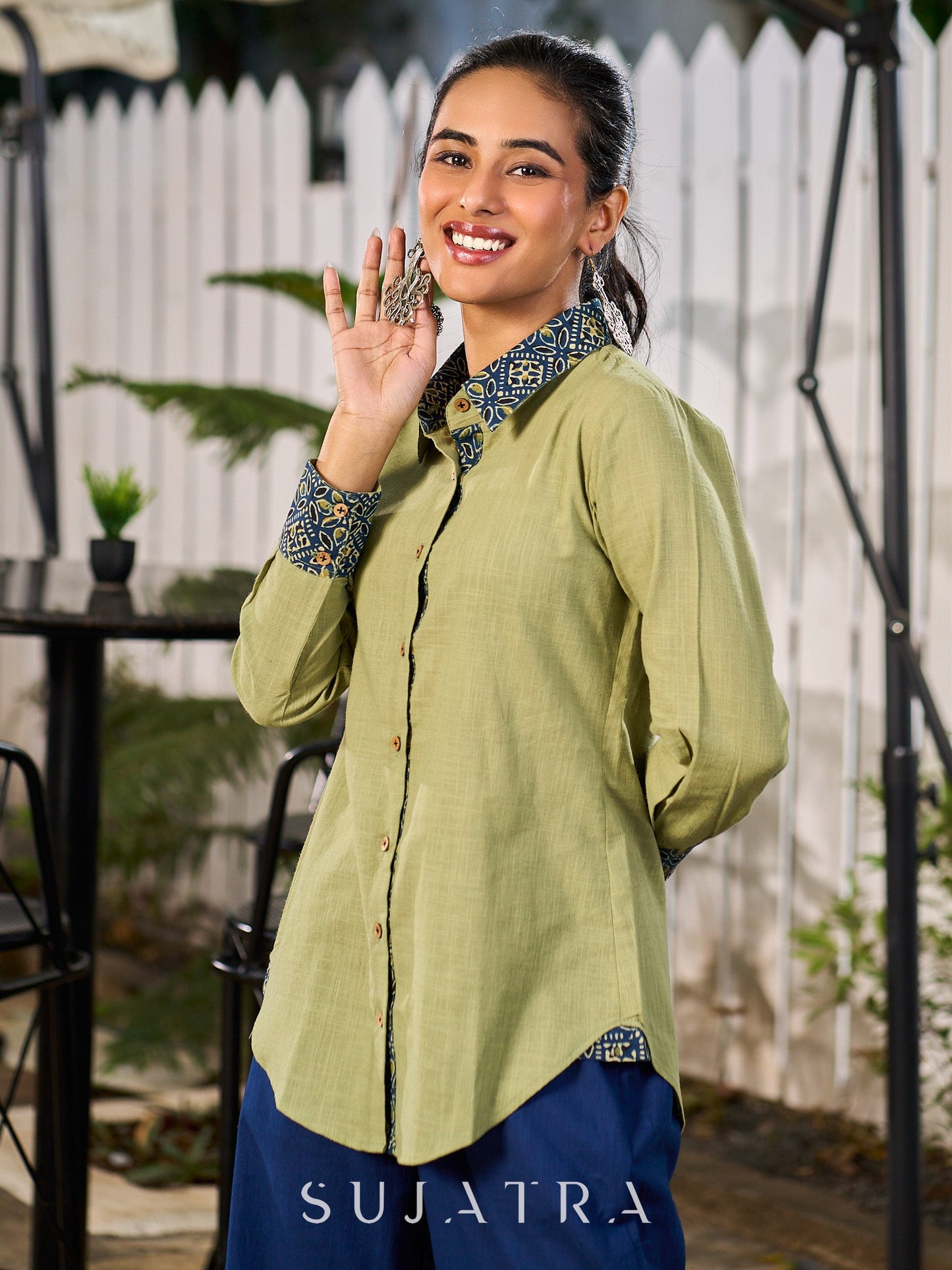 Sage Green Cotton Shirt Accented With Traditional Ajrakh Prints