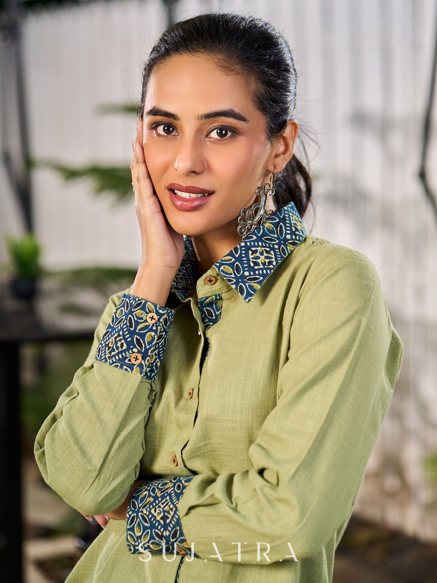 Sage Green Cotton Shirt Accented With Traditional Ajrakh Prints
