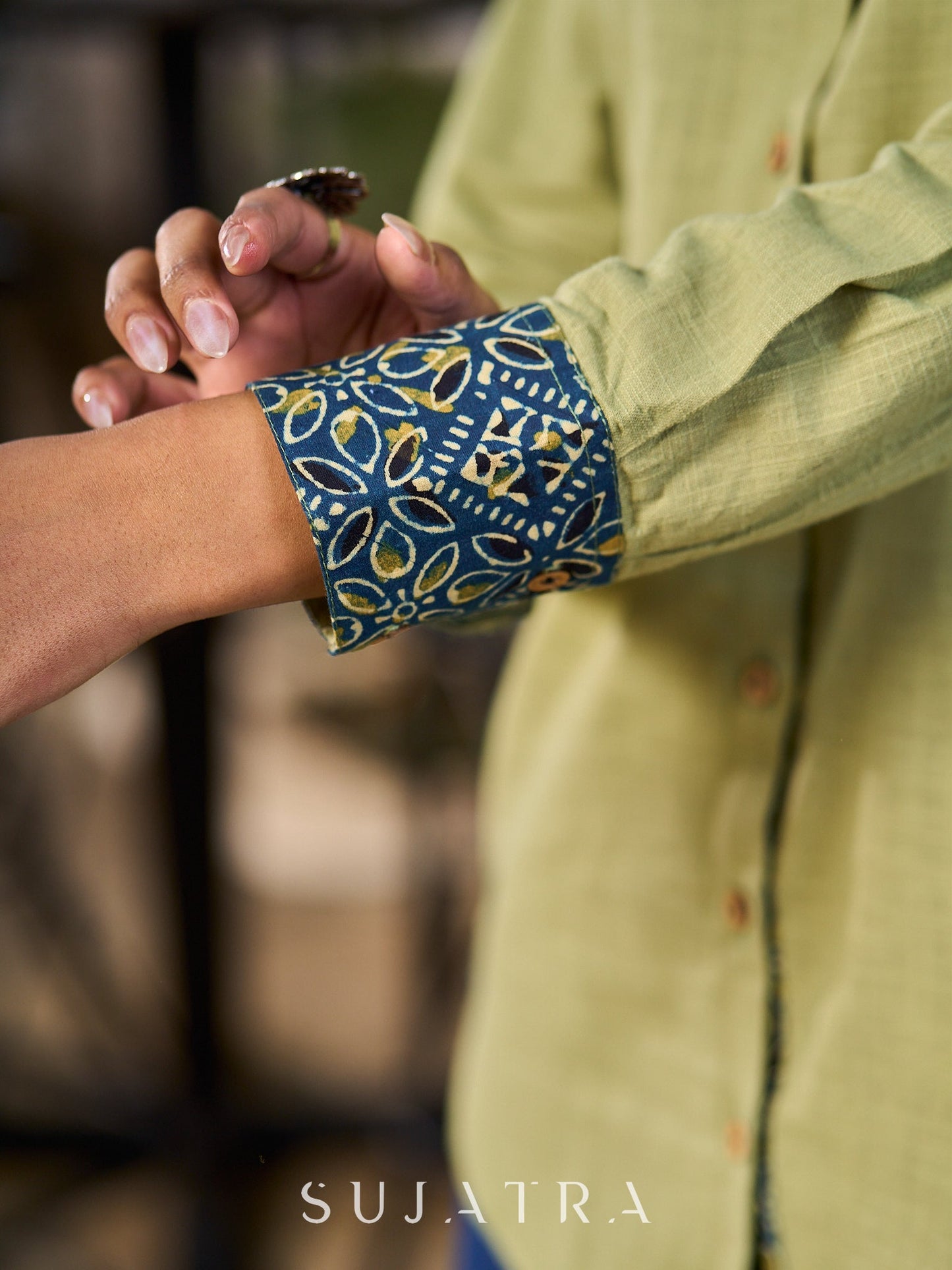 Sage Green Cotton Shirt Accented With Traditional Ajrakh Prints