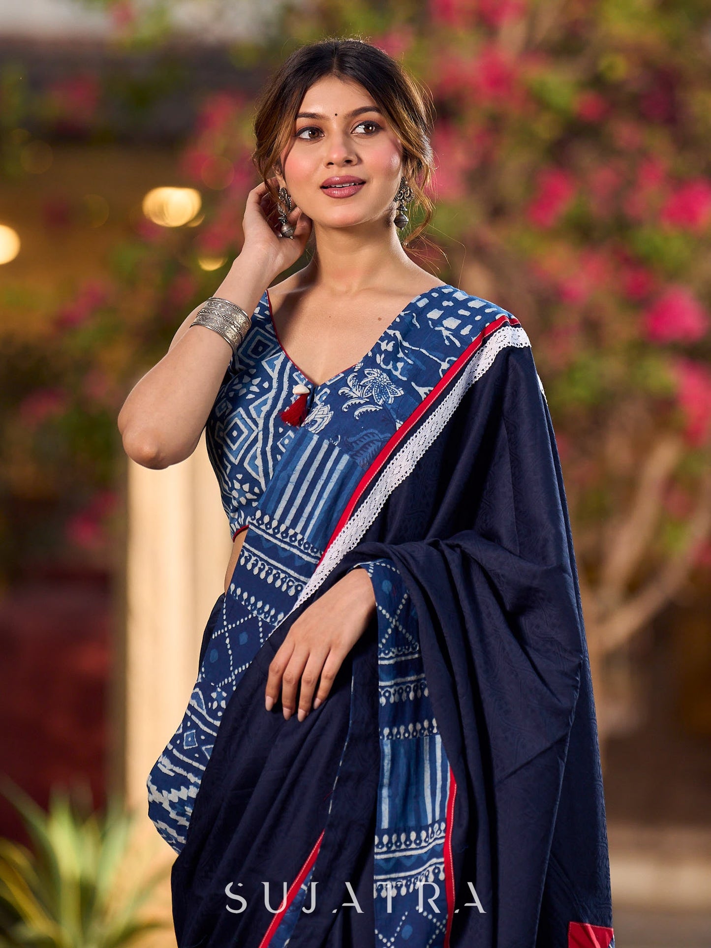 Designer Navy Blue Silk Saree with Handcrafted Indigo Contrast Patchwork Border