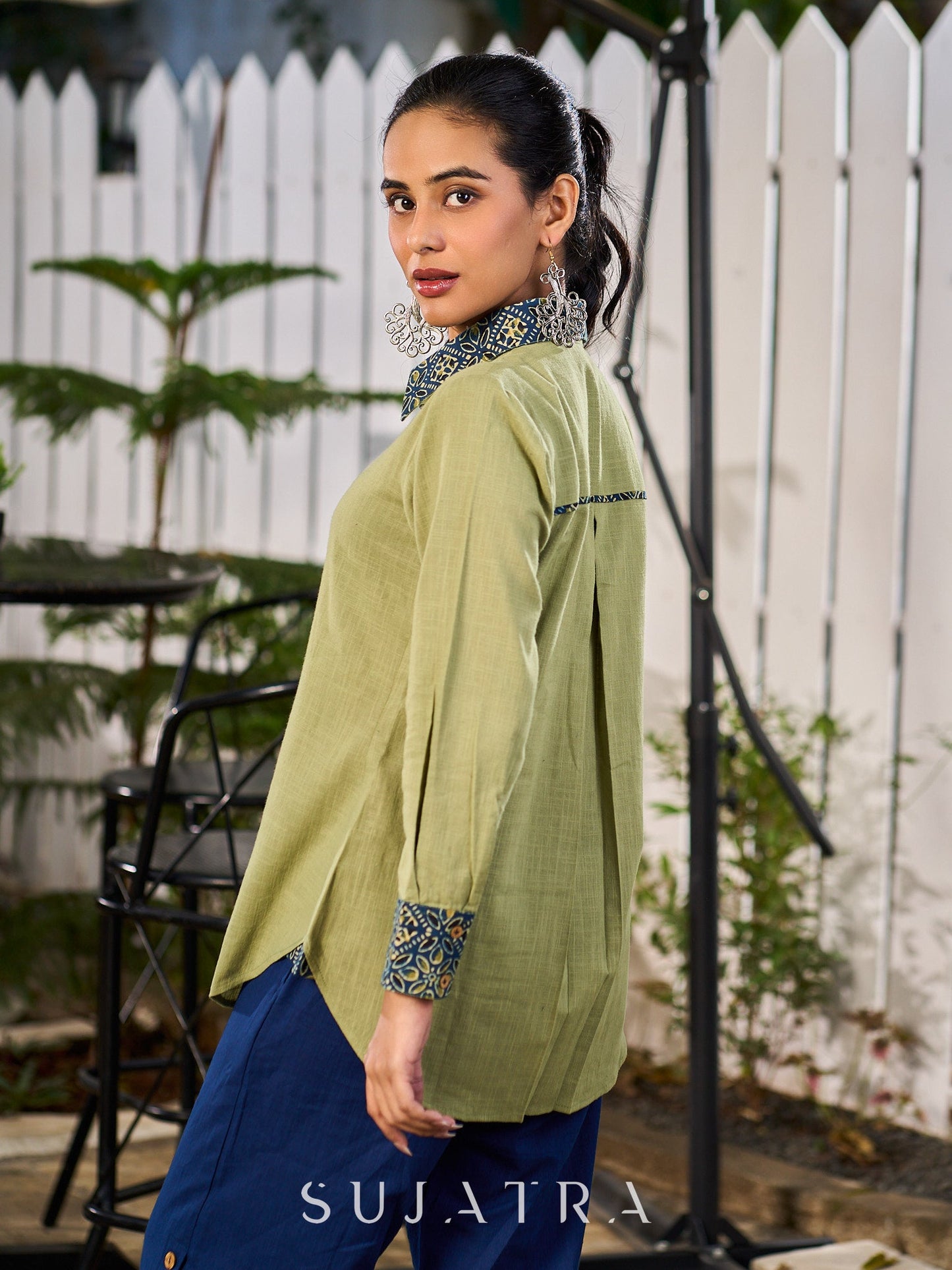 Sage Green Cotton Shirt Accented With Traditional Ajrakh Prints