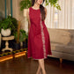 Maroon block printed sleeveless dress with hand block printed floral side panel, off-white accents, and pearl embellishments for a refined, elegant look.