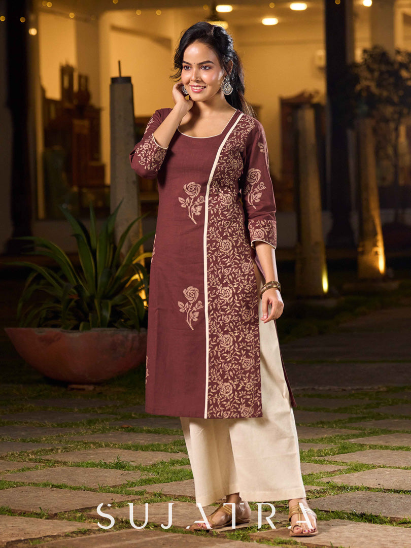 Earthy Brown Cotton Kurta With Elegant Hand Block Floral Prints And Highlighted Printed Panel