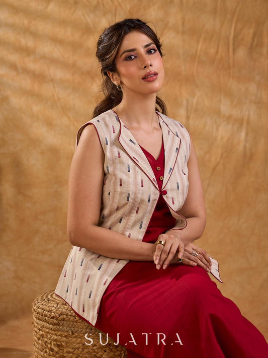 Ivory Handloom Jacquard Cotton Sleeveless Longline Jacket with Lapel Collar