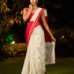 Timeworn Ivory Chanderi Saree with Red-Gold Border & Hand-Painted Pujo Special Pallu