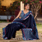 Designer Navy Blue Silk Saree with Handcrafted Indigo Contrast Patchwork Border