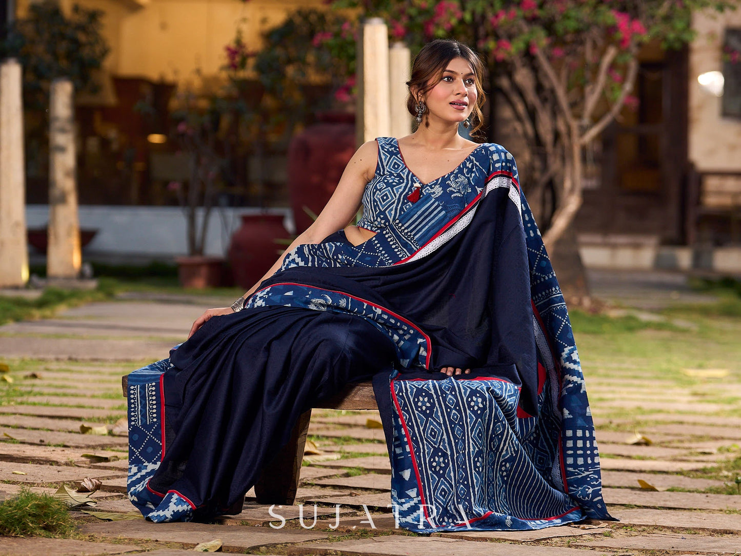 Designer Navy Blue Silk Saree with Handcrafted Indigo Contrast Patchwork Border