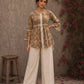 Romantic peach Jaipur floral top adorned with scalloped lace, gathered sleeve hems, and playful tie-knot accents.
