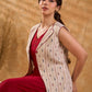 Ivory Handloom Jacquard Cotton Sleeveless Longline Jacket with Lapel Collar