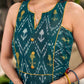 Elegant green and yellow mercerised Ikat dress featuring bold yellow accents and a sculpted-armhole sleeveless silhouette