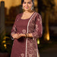 Earthy Brown Cotton Kurta With Elegant Hand Block Floral Prints And Highlighted Printed Panel