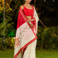 Timeworn Ivory Chanderi Saree with Red-Gold Border & Hand-Painted Pujo Special Pallu