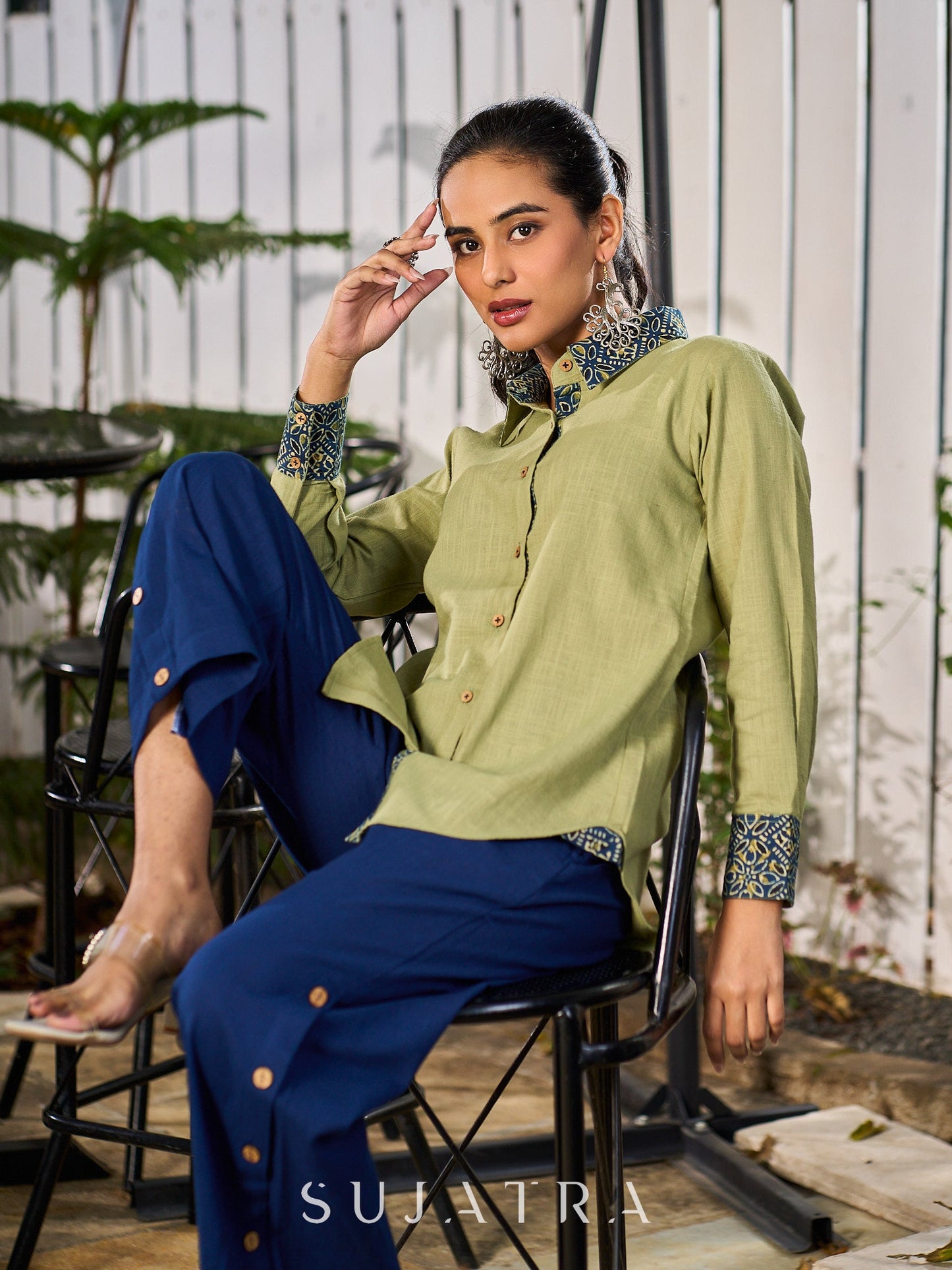 Sage Green Cotton Shirt Accented With Traditional Ajrakh Prints