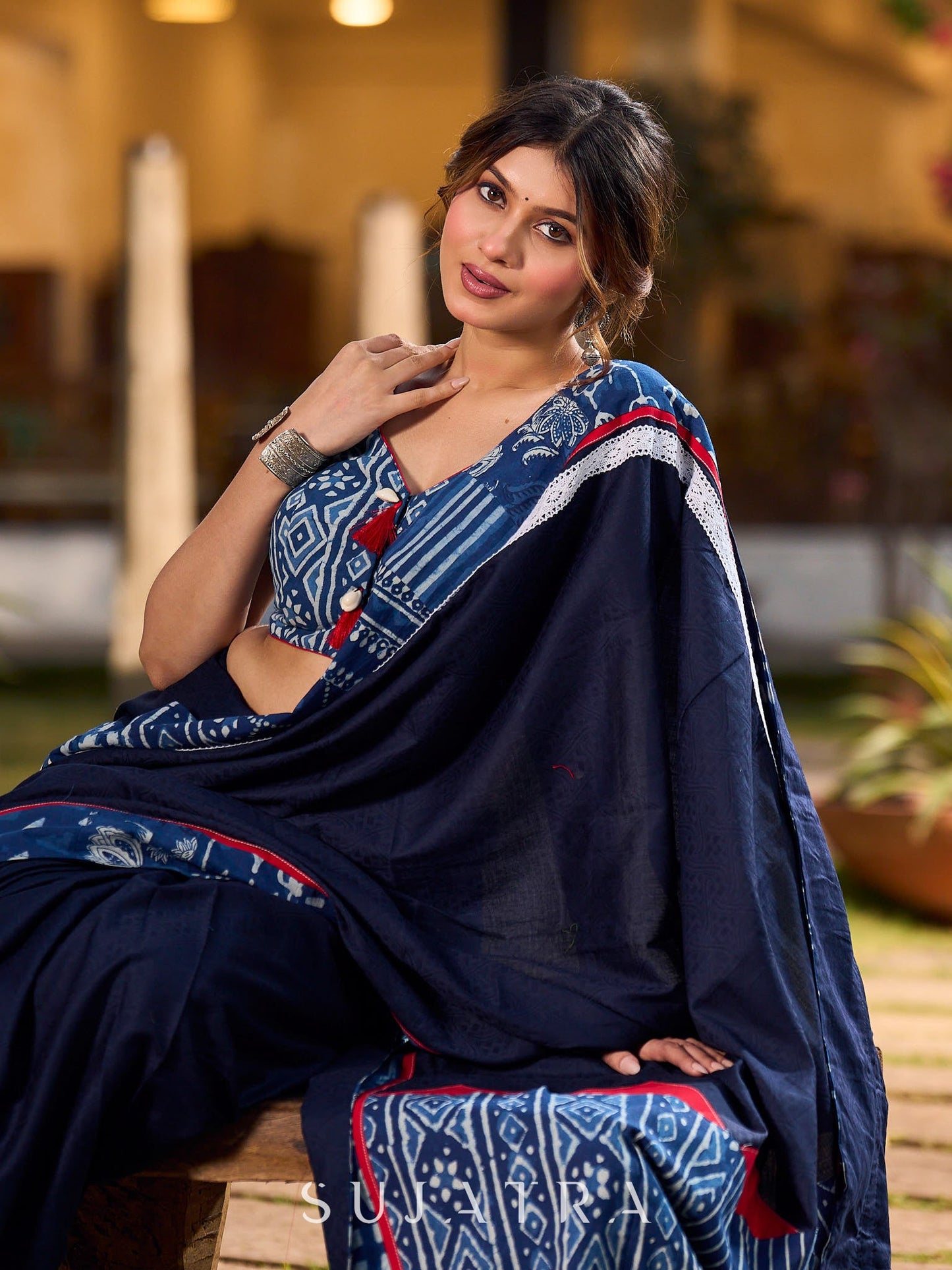 Designer Navy Blue Silk Saree with Handcrafted Indigo Contrast Patchwork Border