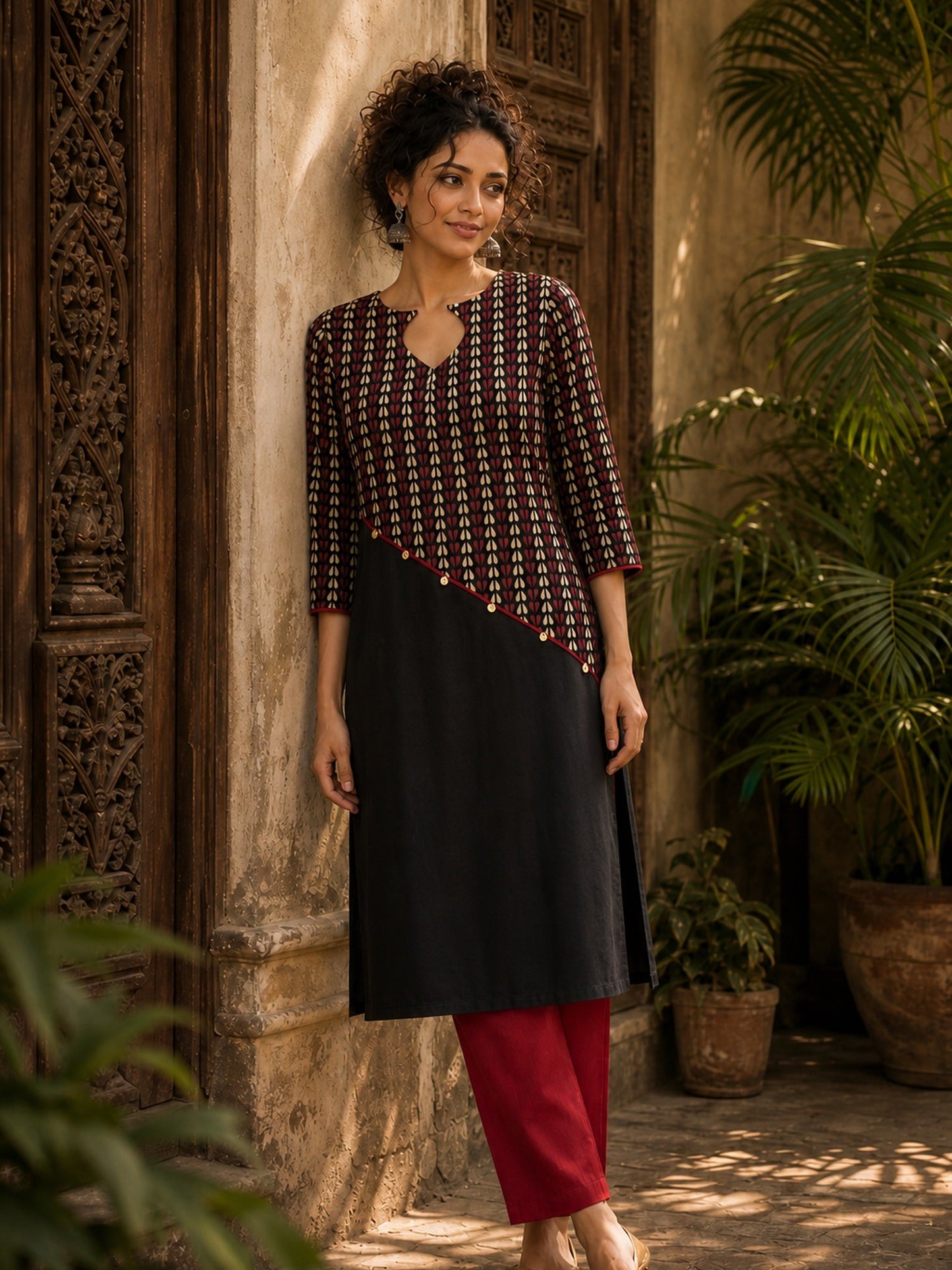 Black Cotton Kurta with Ajrakh Printed Asymmetrical Panel and Coin Detailing