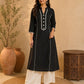 Classic Solid Black Straight Kurta Featuring White Contrast Piping Panels & Ric Rac Scalloped Neckline
