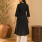 Classic Solid Black Straight Kurta Featuring White Contrast Piping Panels & Ric Rac Scalloped Neckline