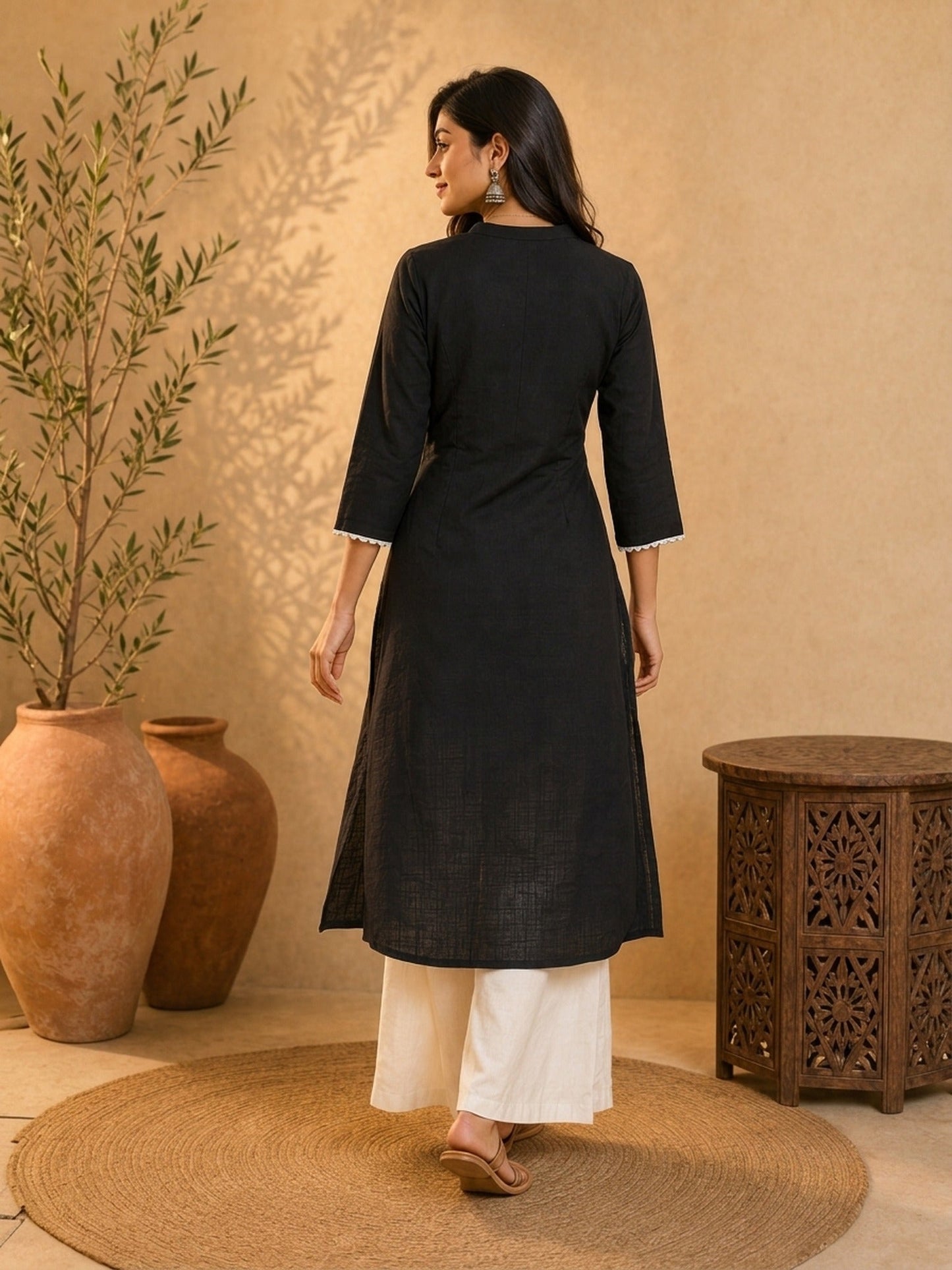 Classic Solid Black Straight Kurta Featuring White Contrast Piping Panels & Ric Rac Scalloped Neckline