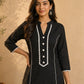 Classic Solid Black Straight Kurta Featuring White Contrast Piping Panels & Ric Rac Scalloped Neckline