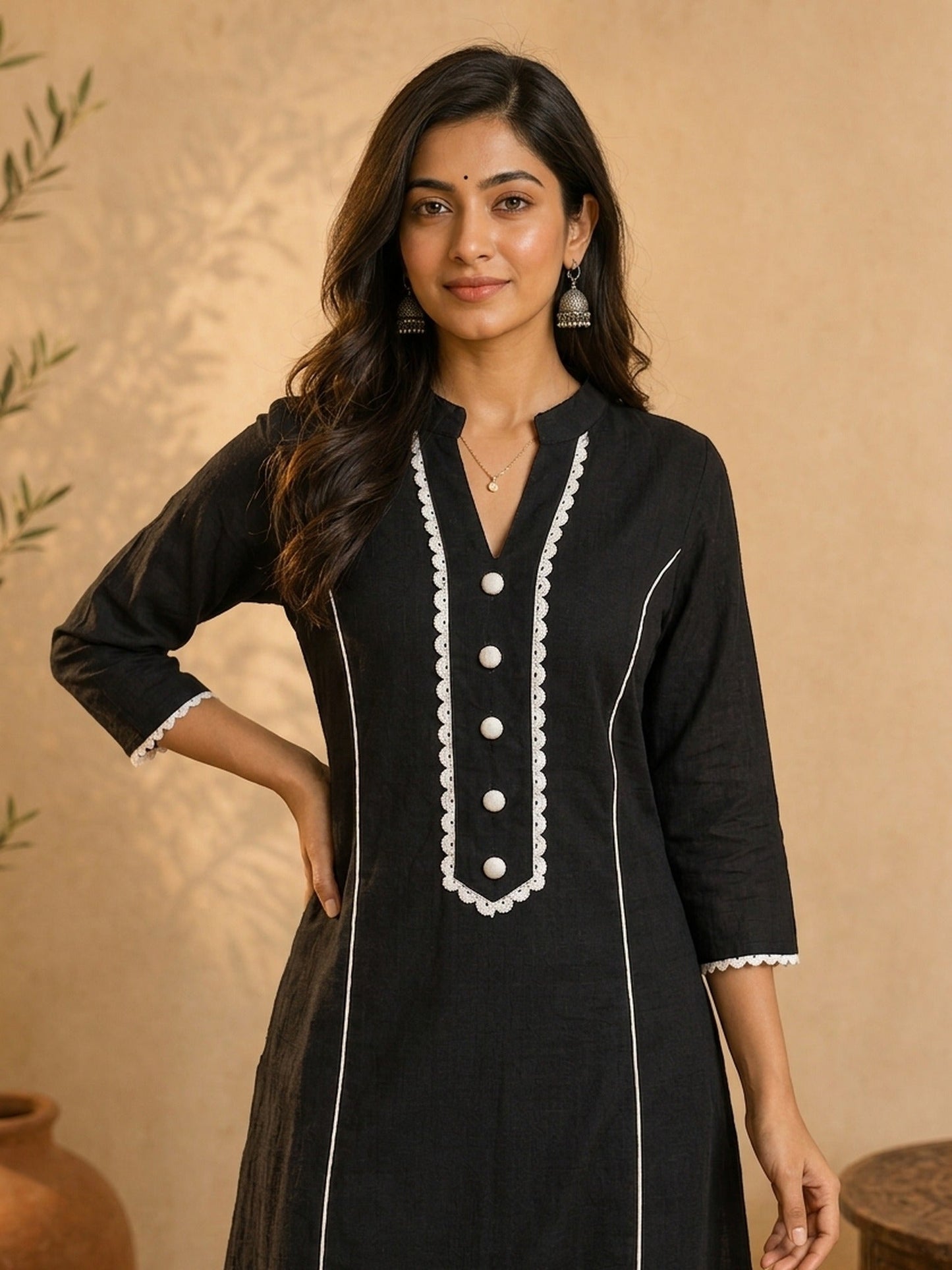 Classic Solid Black Straight Kurta Featuring White Contrast Piping Panels & Ric Rac Scalloped Neckline