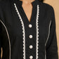 Classic Solid Black Straight Kurta Featuring White Contrast Piping Panels & Ric Rac Scalloped Neckline