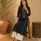 Classic Solid Black Straight Kurta Featuring White Contrast Piping Panels & Ric Rac Scalloped Neckline