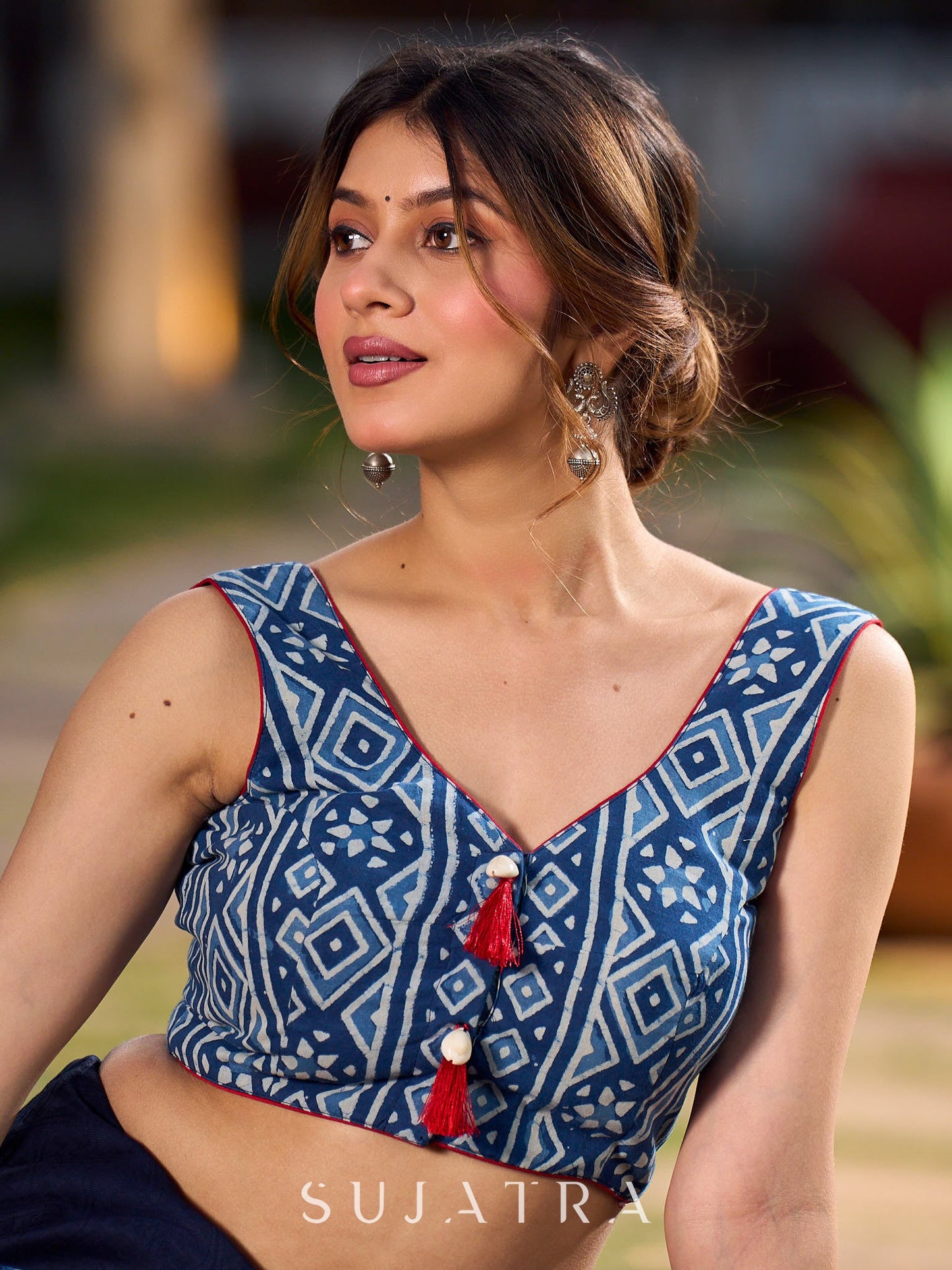 Handcrafted Indigo Hand Printed Blouse with Bold Motifs