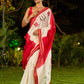 Timeworn Ivory Chanderi Saree with Red-Gold Border & Hand-Painted Pujo Special Pallu