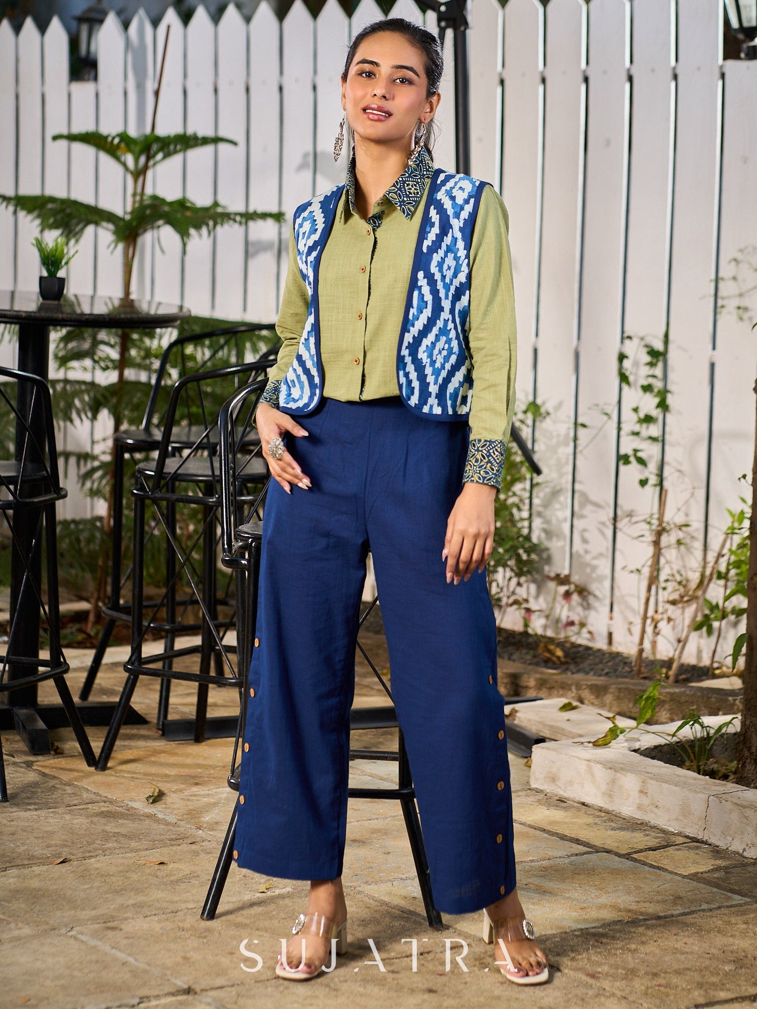 Sage Green Cotton Shirt Accented With Traditional Ajrakh Prints