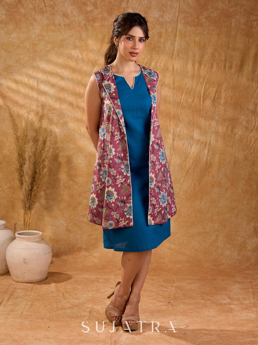 Antique Rose Botanical Floral Print Cotton Sleeveless Longline Jacket with Ivory Border