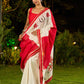 Timeworn Ivory Chanderi Saree with Red-Gold Border & Hand-Painted Pujo Special Pallu