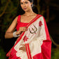 Timeworn Ivory Chanderi Saree with Red-Gold Border & Hand-Painted Pujo Special Pallu