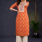 Stylish-Orange-Cotton-Ikat-Straight-Cut-Kurta-Highlighted-With-Hand-Painted-Yoke-&-Crochet-Lace--Pant-Optional