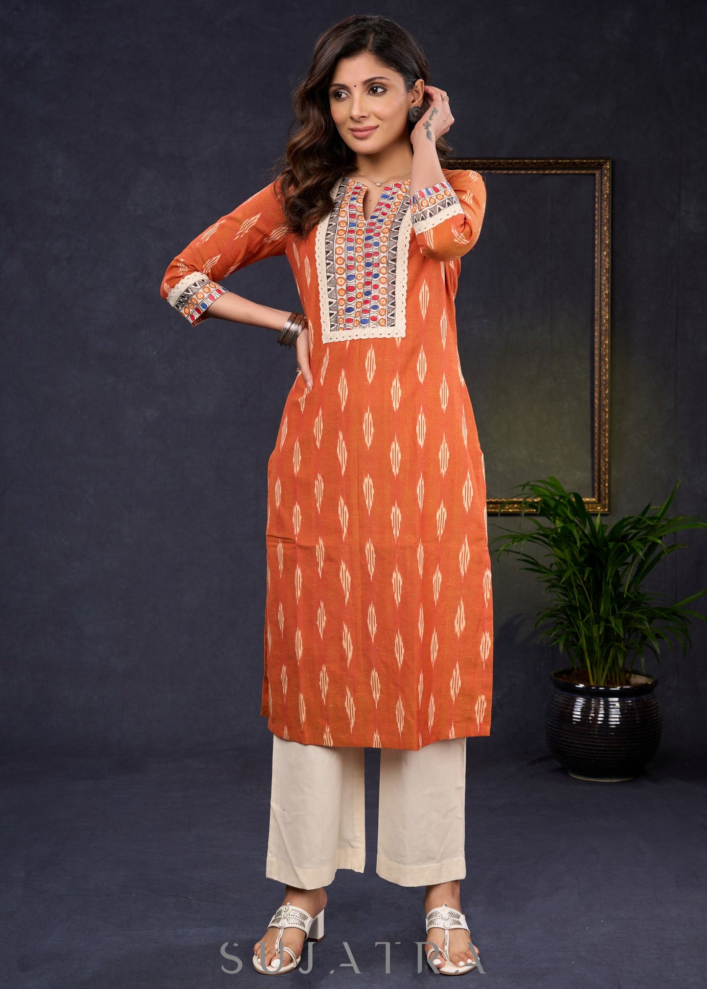 Stylish-Orange-Cotton-Ikat-Straight-Cut-Kurta-Highlighted-With-Hand-Painted-Yoke-&-Crochet-Lace--Pant-Optional