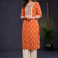Stylish-Orange-Cotton-Ikat-Straight-Cut-Kurta-Highlighted-With-Hand-Painted-Yoke-&-Crochet-Lace--Pant-Optional