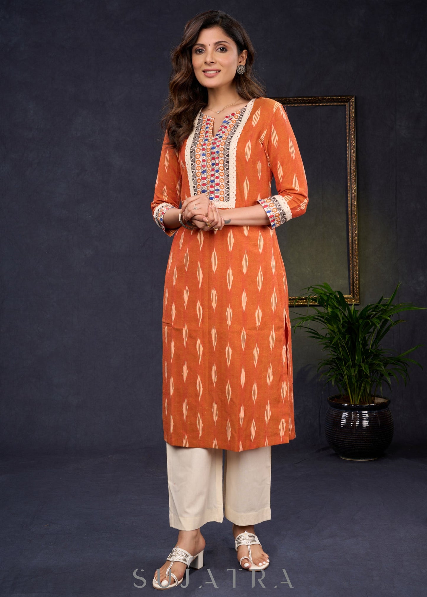 Stylish-Orange-Cotton-Ikat-Straight-Cut-Kurta-Highlighted-With-Hand-Painted-Yoke-&-Crochet-Lace--Pant-Optional