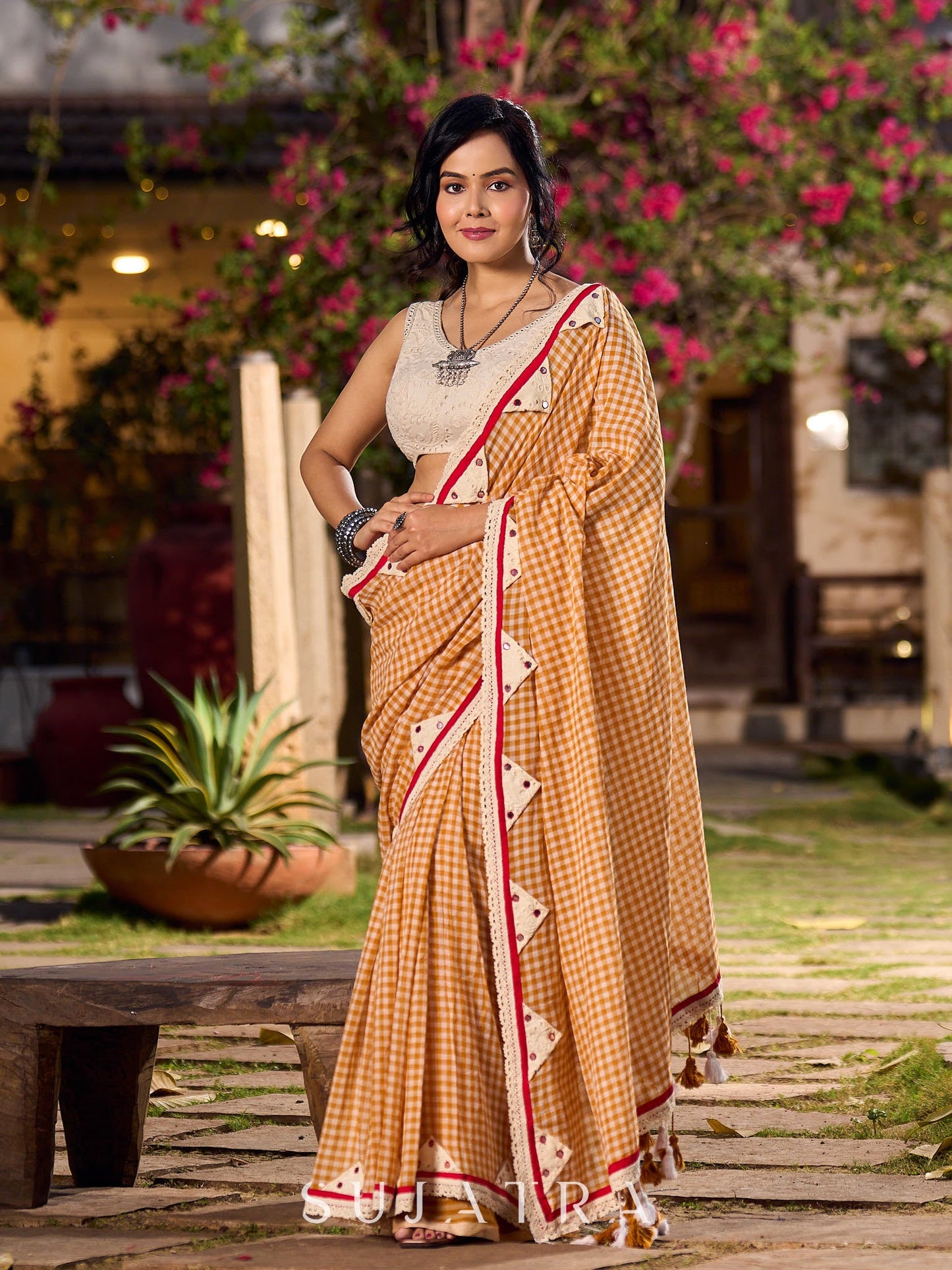 Handloom White & Mustard Checkered Cotton Saree with Delicate Crochet Border