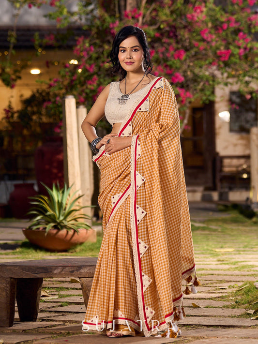 Handloom White & Mustard Checkered Cotton Saree with Delicate Crochet Border