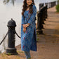 Contemporary Indigo Geometric Side-Cut Kurta with Linear Stripe Detailing and Maroon Triangle Highlights