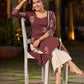 Earthy Brown Cotton Kurta With Elegant Hand Block Floral Prints And Highlighted Printed Panel