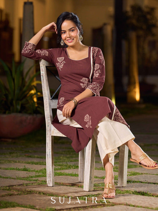 Earthy Brown Cotton Kurta With Elegant Hand Block Floral Prints And Highlighted Printed Panel
