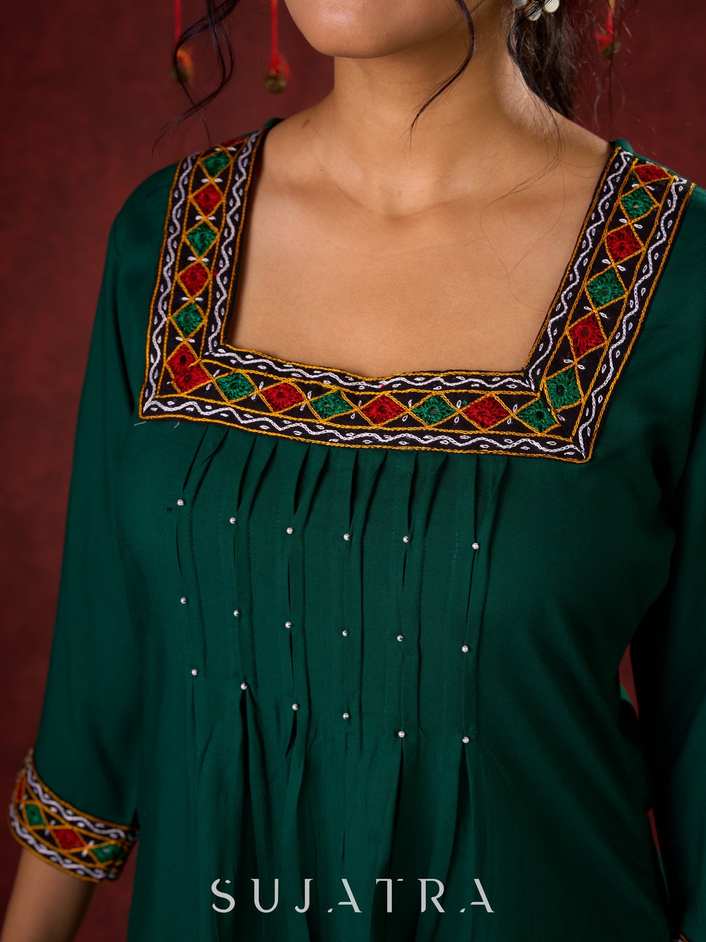 Elegant rayon kurta featuring tucks, square neck, and sparkling mirror detailing - Pant optional