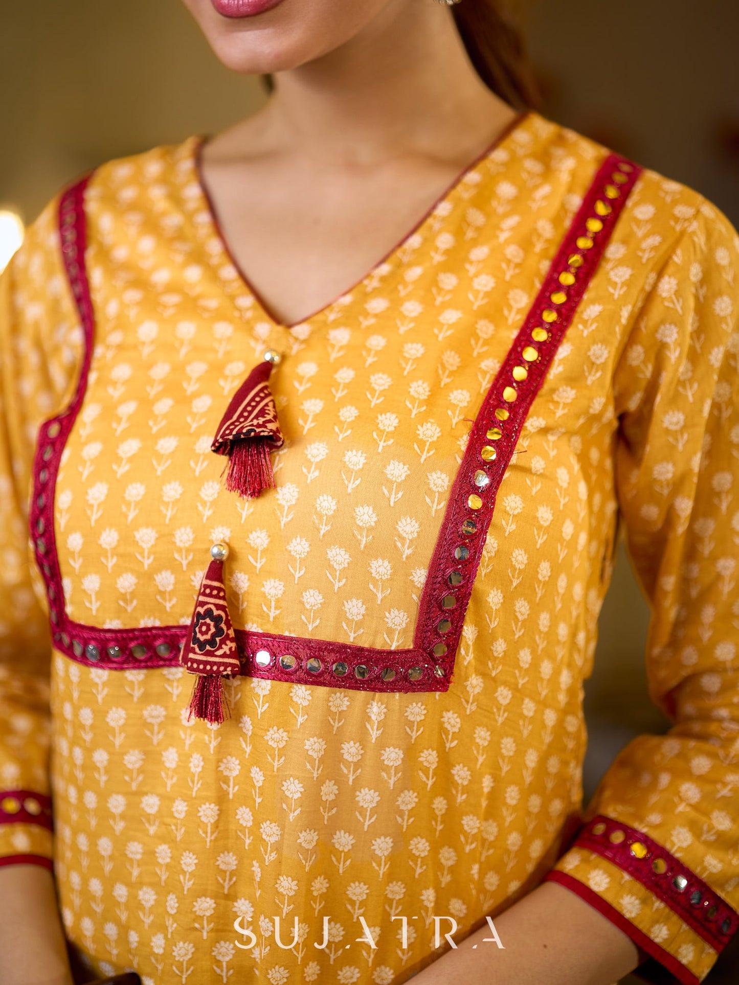 Graceful Yellow Floral Top with Mirror and Tassel Detailing